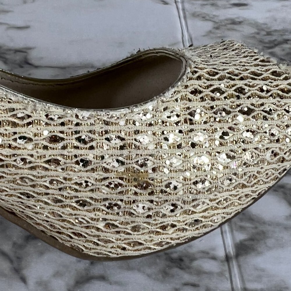 𝅺AUDREY Brook Peep Toe Heels Quillan Gold Cross Stitch size 9.5 - Picture 5 of 13